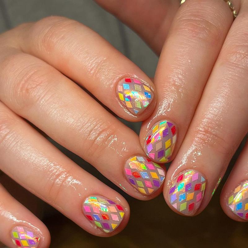 Argyle Diamonds Short Square Multicolor Geometric Press On Nails