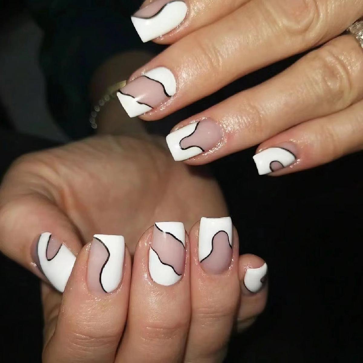 Artistic Waves Press On Nail Set Medium Square White and Beige with Black Line Design