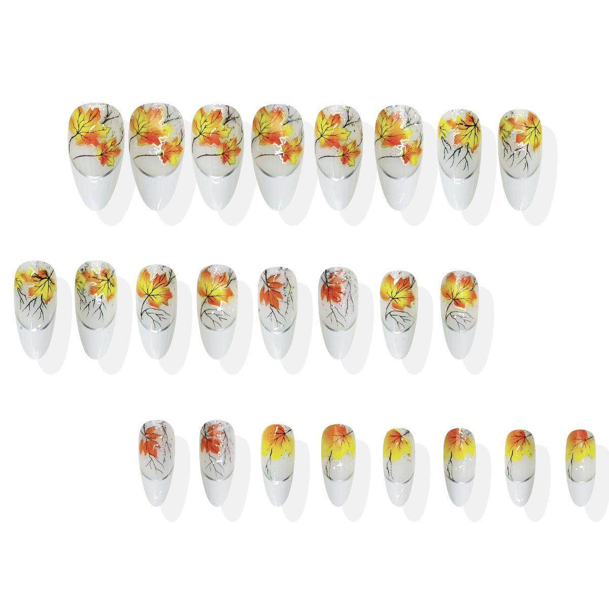 Autumn Bliss Elegant Medium Oval Shaped White and Yellow Floral Design Press On Nail Set