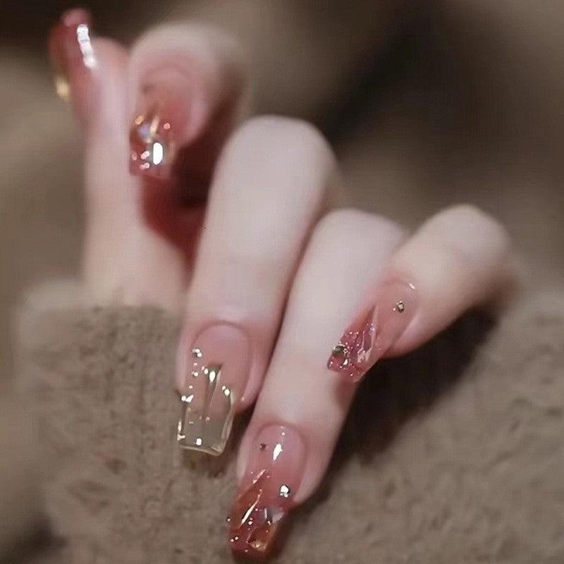 Autumn Elegance Medium Coffin Transparent Press On Nails with Rose Gold Flakes and Glitter Accents