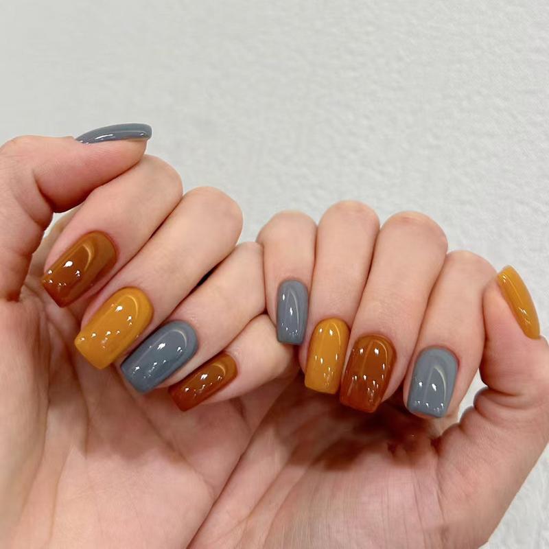 Autumn Elegance Medium Square Glossy Gray and Mustard Press On Nail Set with Unique Color Block Design