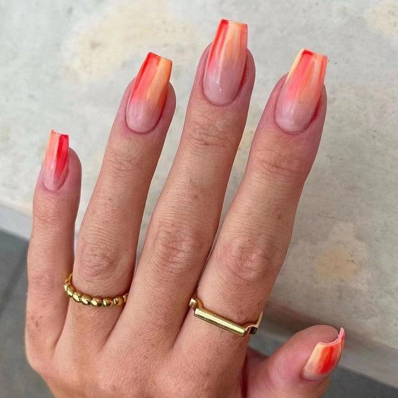 Autumn Flame Long Square Ombre Red to Peach Press On Nail Set