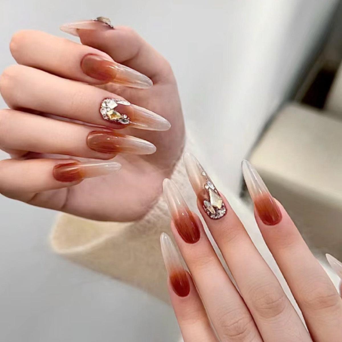 Autumn Spice Extra-Long Stiletto Ombre Press-On Nail Set with Gold Flakes and Jewel Embellishments