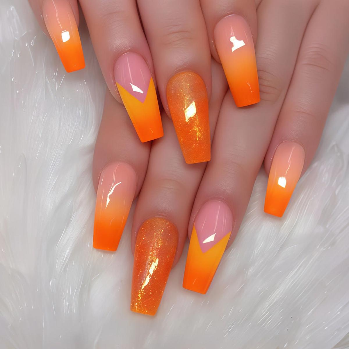 Tropical Sunset Long Coffin Orange Ombre Glitter Press On Nail Set