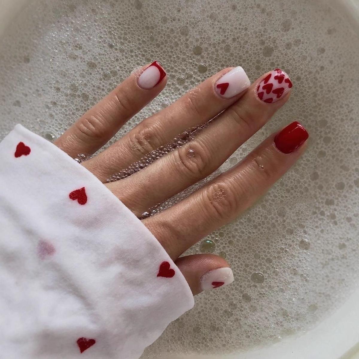 Valentine's Day Romantic Heart Short Square Long Red and White Press on Nail Set with Unique Love Design