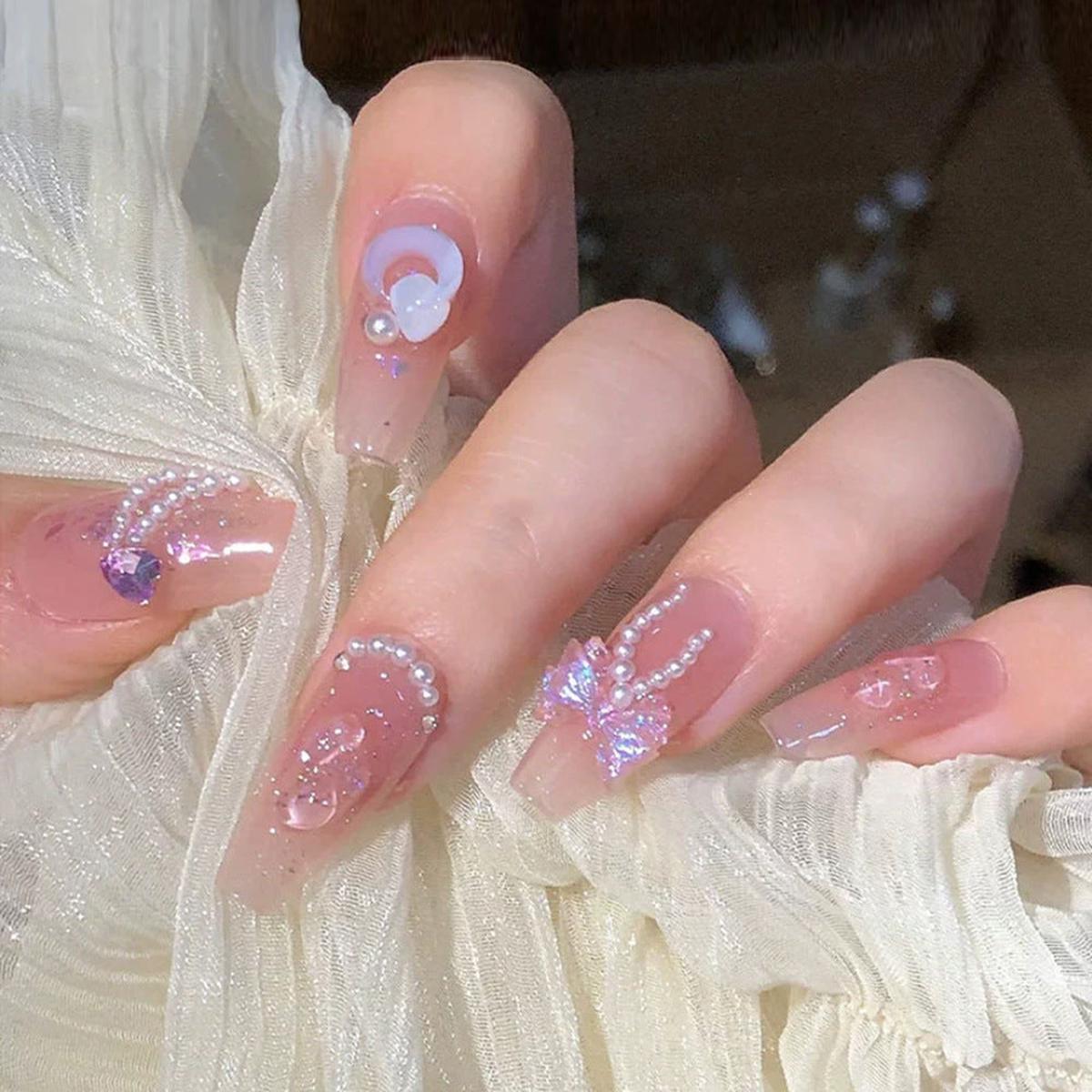 Whimsical Elegance Long Coffin Pink Press On Nail Set with Iridescent Decorations
