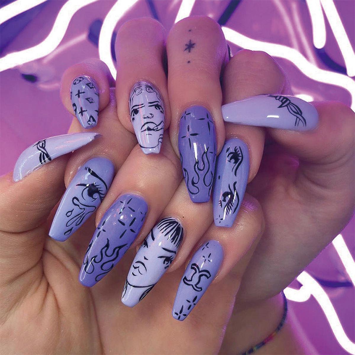 Abstract Art Y2K Long Coffin Blue Cartoon Press On Nails
