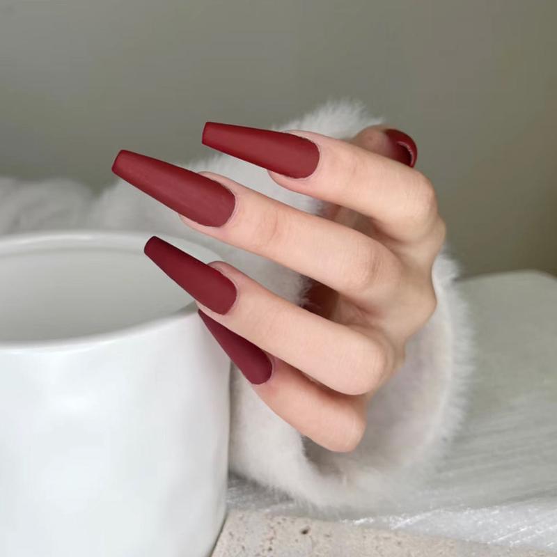 Autumn Elegance Extra Long Coffin Deep Red Matte Press-On Nails with Velvety Texture