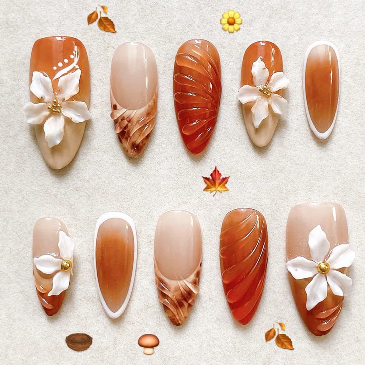 Autumn Elegance Long Almond Orange Brown with Floral Accents Press on Nail Set