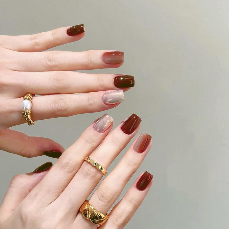 Autumn Elegance Medium Square Press On Nail Set in Deep Burgundy and Soft Beige with Gradual Ombre Effect
