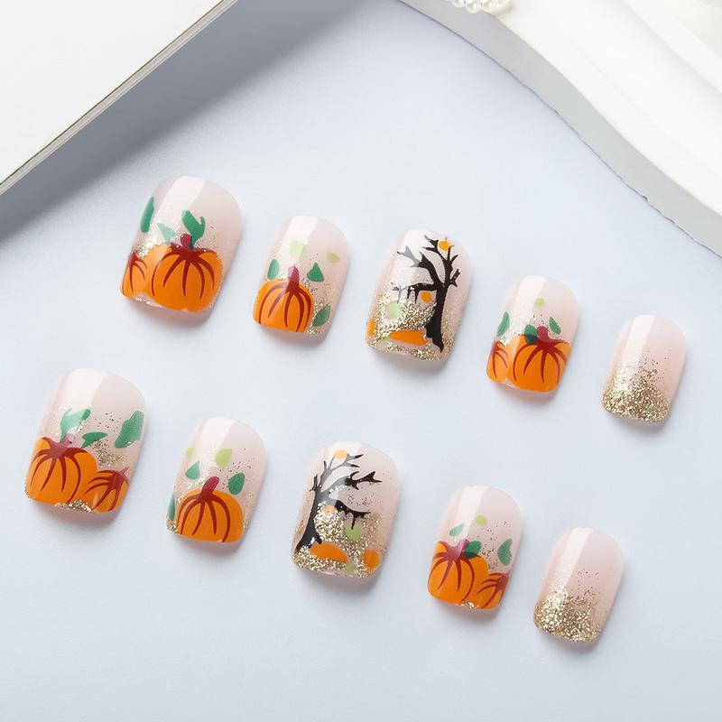 Autumn Harvest Glossy Medium Square Orange and Gold Glitter Pumpkin Design Press On Nail Set