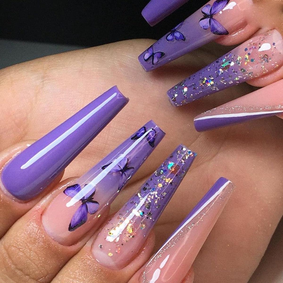 Waiting Around Long Coffin Purple Butterfly Press On Nails