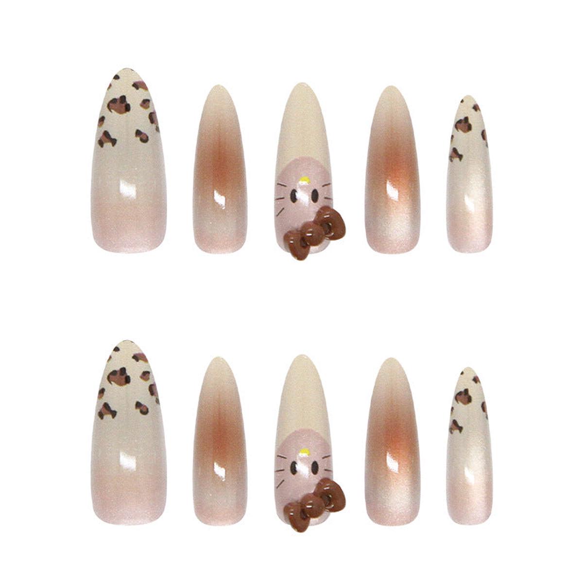 Whimsical Animal Kingdom Long Coffin Beige and Brown Gradient Press On Nail Set with Cute Kitty Design