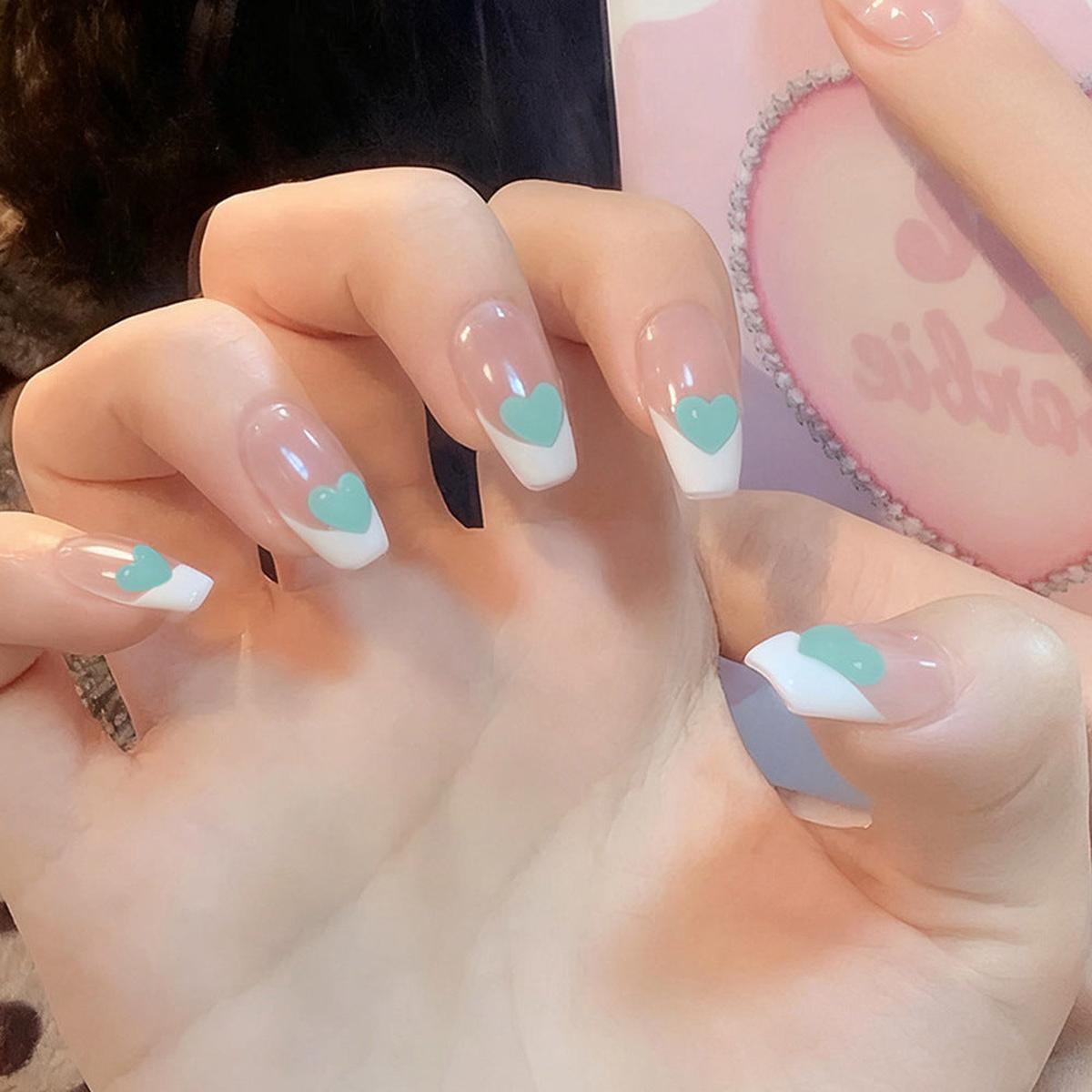 Whimsical Heartland Long Coffin Translucent with Aqua Heart Accents Press on Nail Set