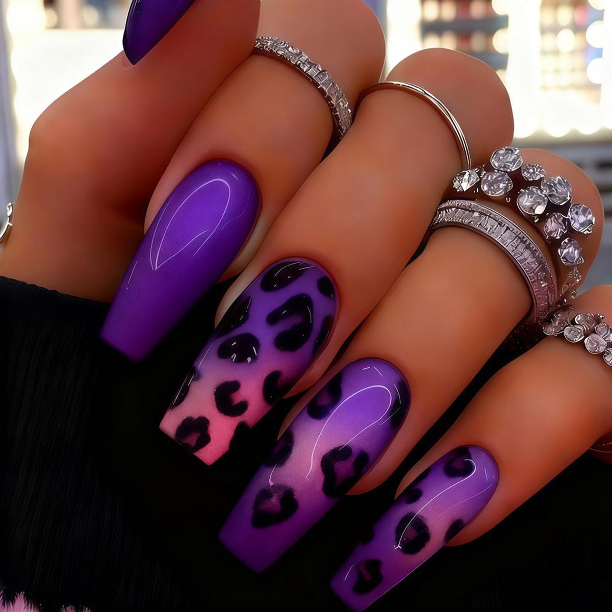 Wild Leopard Glamour Long Square Purple Ombre Press On Nail Set with Glossy Finish