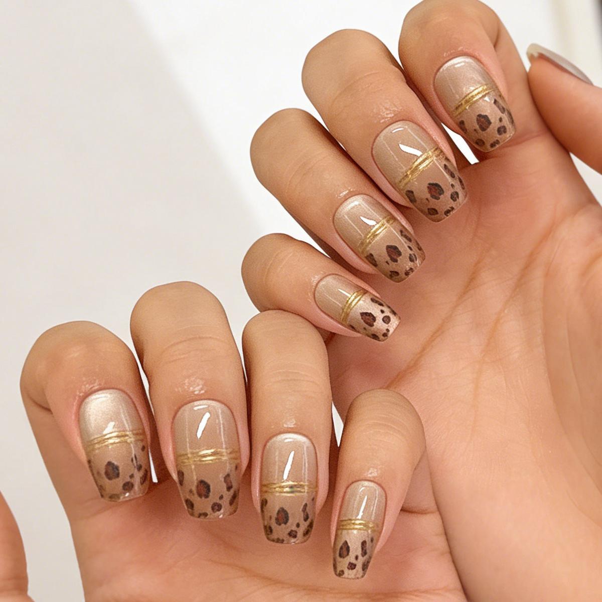 Wild Safari Inspired Short Square Glossy Beige Nails with Elegant Gold Accents and Trendy Leopard Print Design