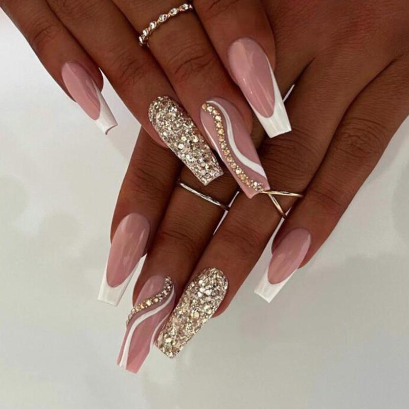All Agree Long Coffin Pink Groovy Press On Nails