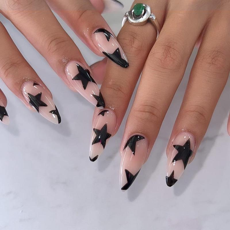 Almond Chic Long Pointed Beige and Black Starburst Press On Nail Set