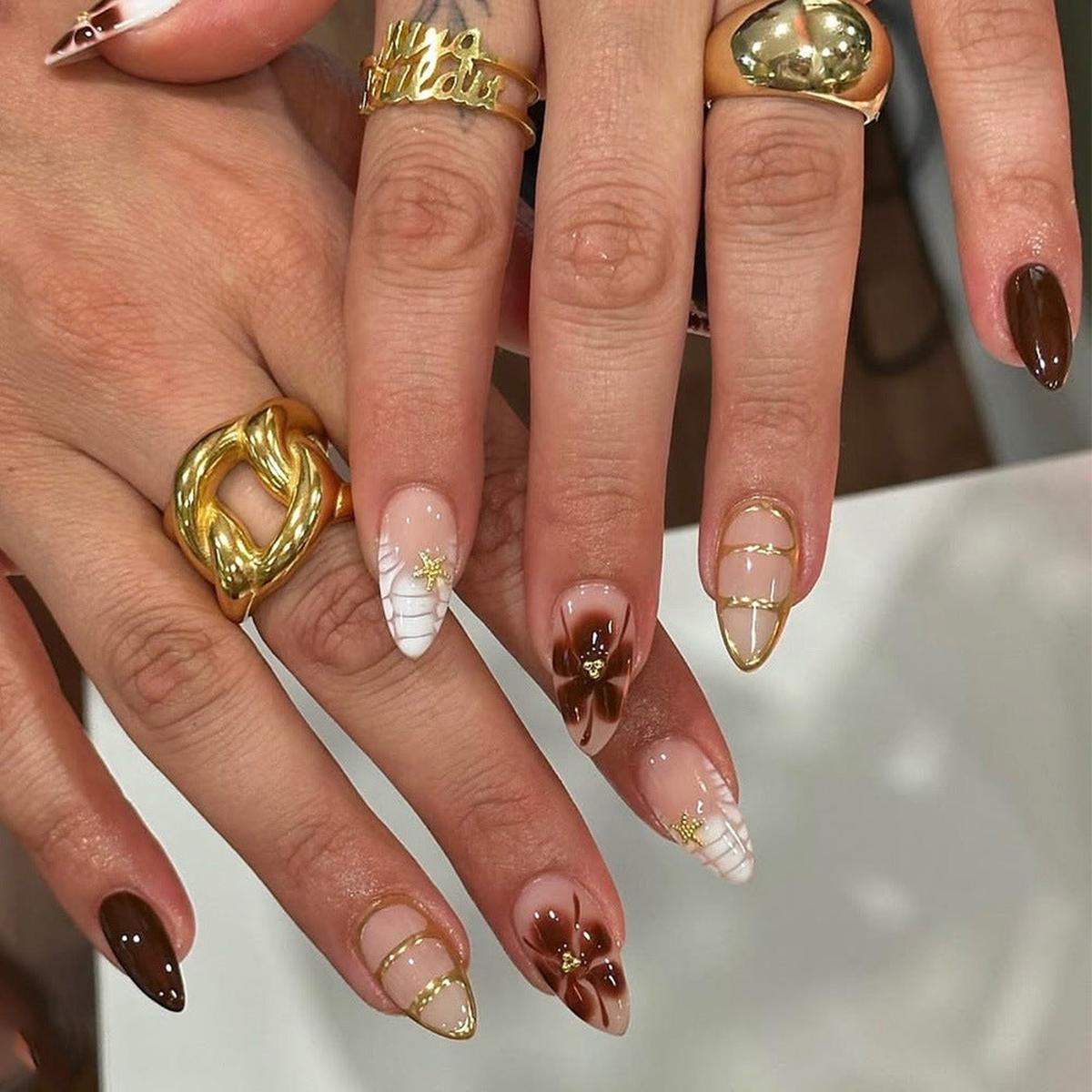 Autumn Elegance Long Almond Shaped Brown and Cream Ombre with Floral Accents