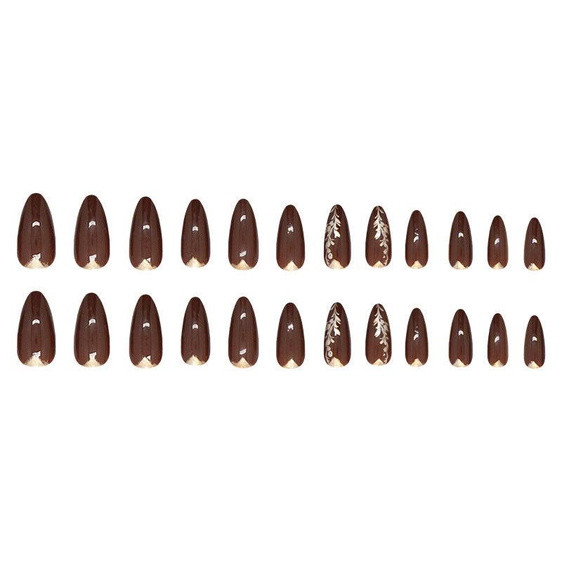 Autumn Elegance Medium Almond Brown Glossy Press On Nails with Chic Gold Accents