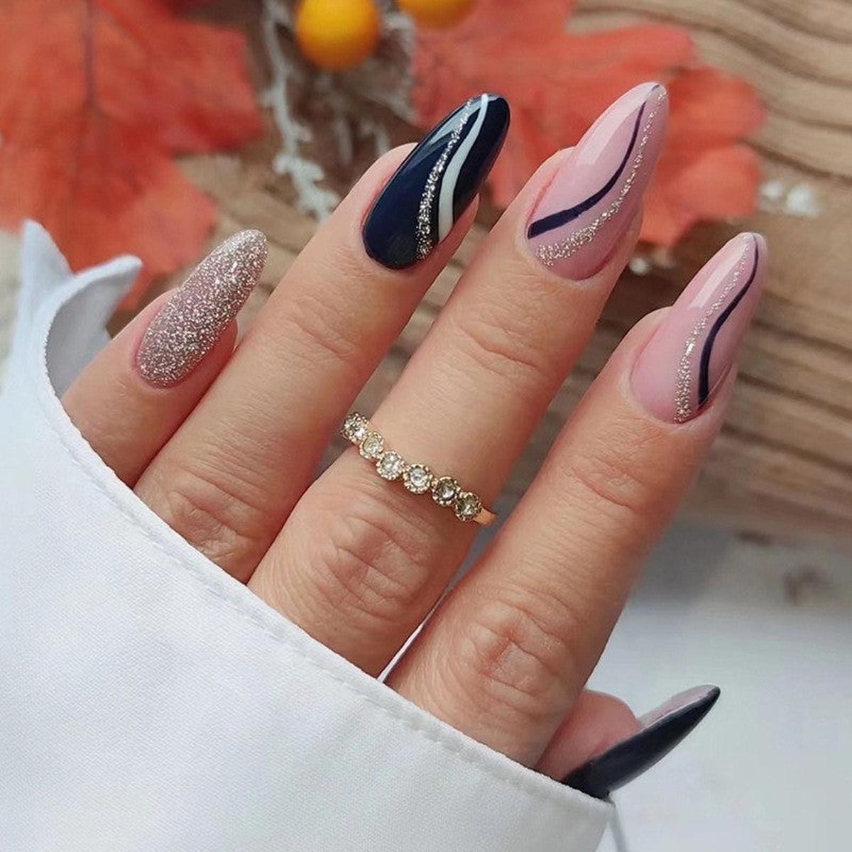 Autumn Twilight Long Almond Press-On Nail Set, Mauve and Navy with Glitter Accents and Line Art