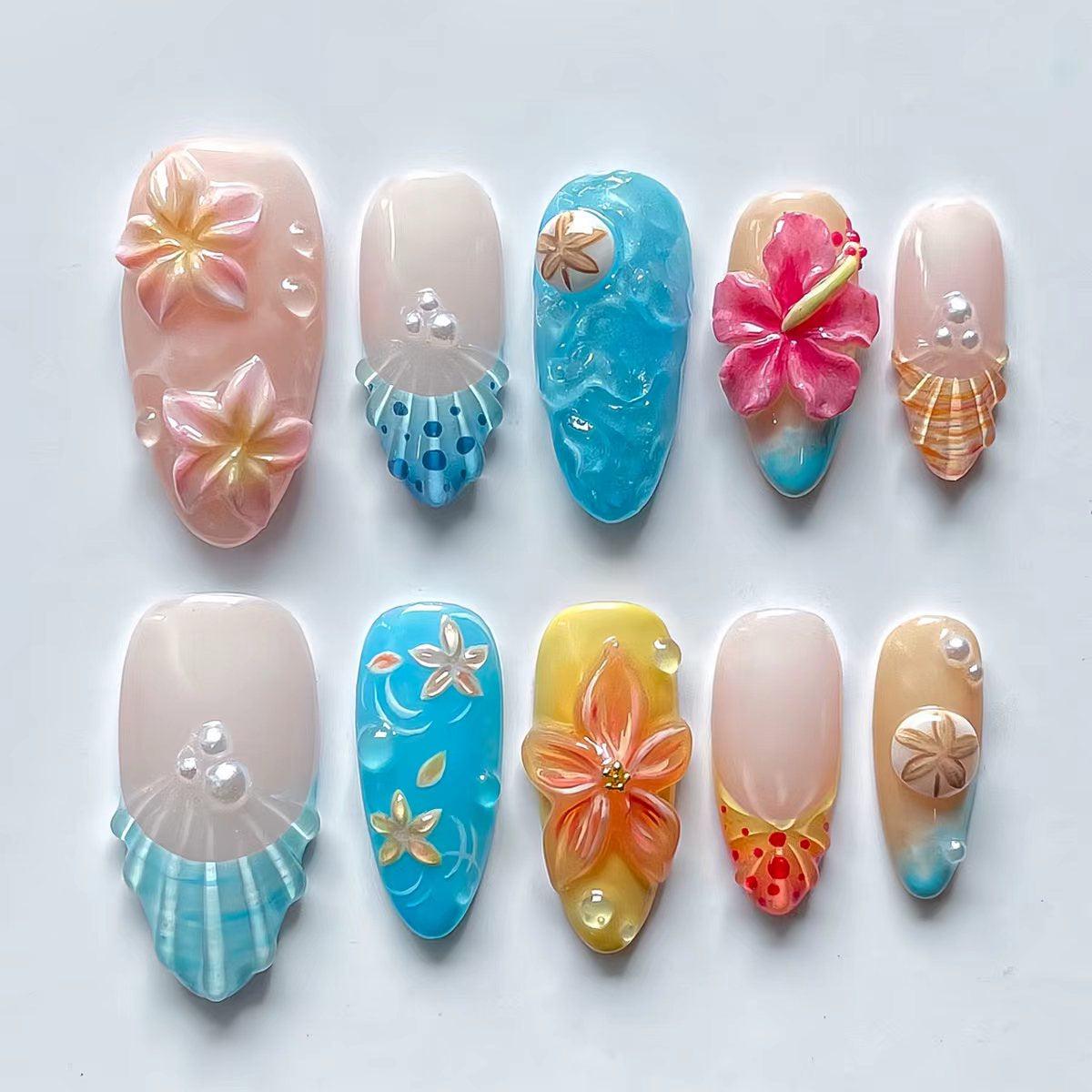 Tropical Oasis Long Almond Pink and Blue Floral Press-On Nail Set with Pearl Accents