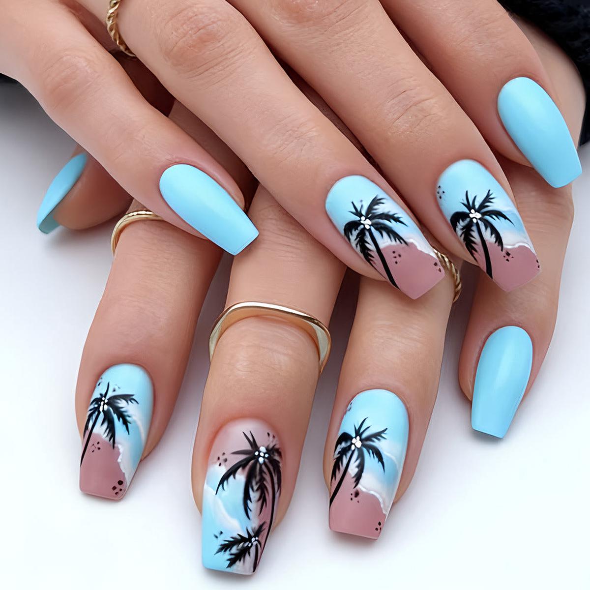 Tropical Paradise Long Square Blue Nails with Palm Tree Design and Matte Finish