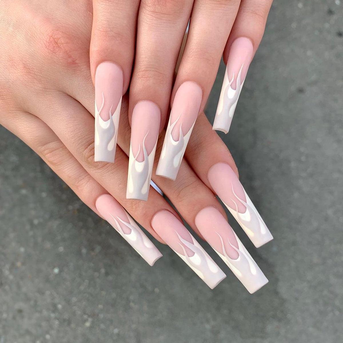 Upgraded Fire Long Square White Flames Press On Nails