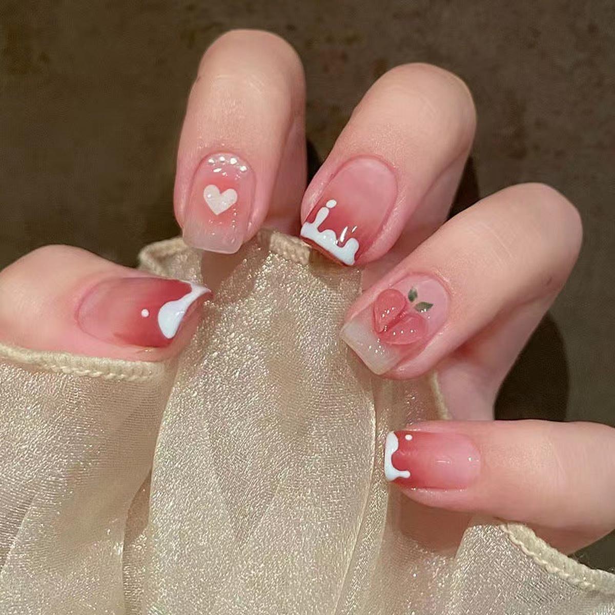 Valentine's Sweetheart Short Square Pink Press On Nail Set with Adorable Heart Accents