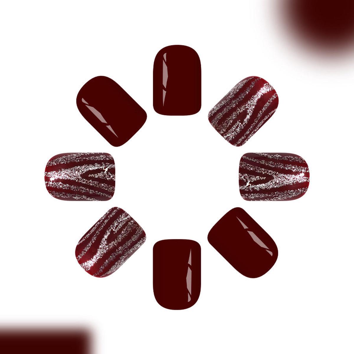 Velvet Rose Short Square Deep Burgundy with Silver Striped Accents Press-On Nail Set