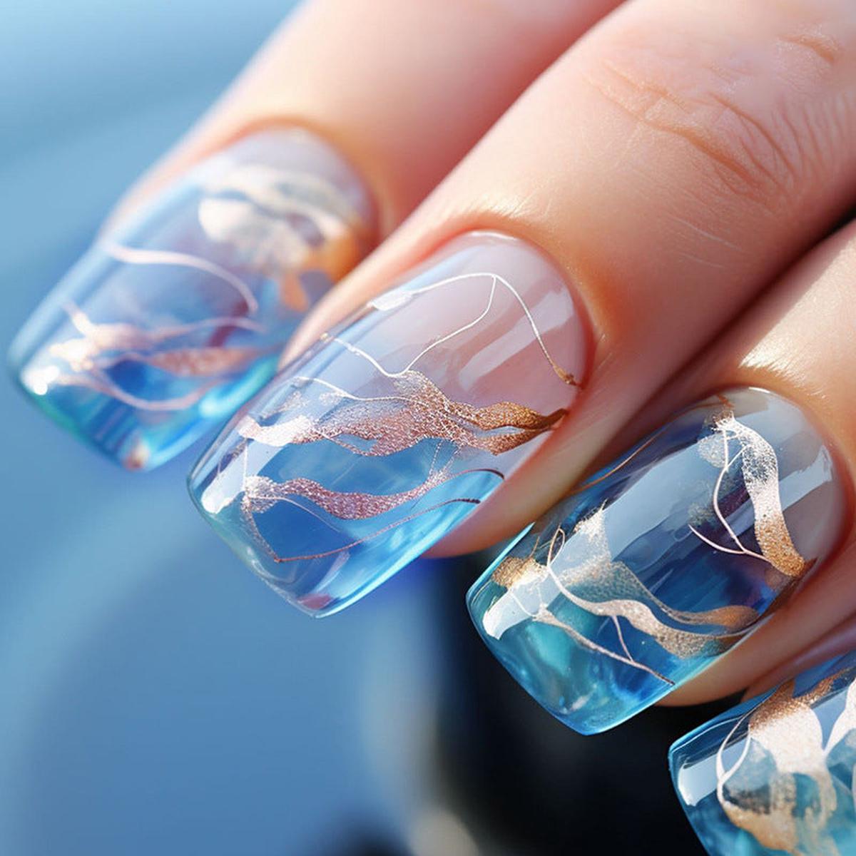 Wave Art Medium Square Blue Glossy Press On Nails
