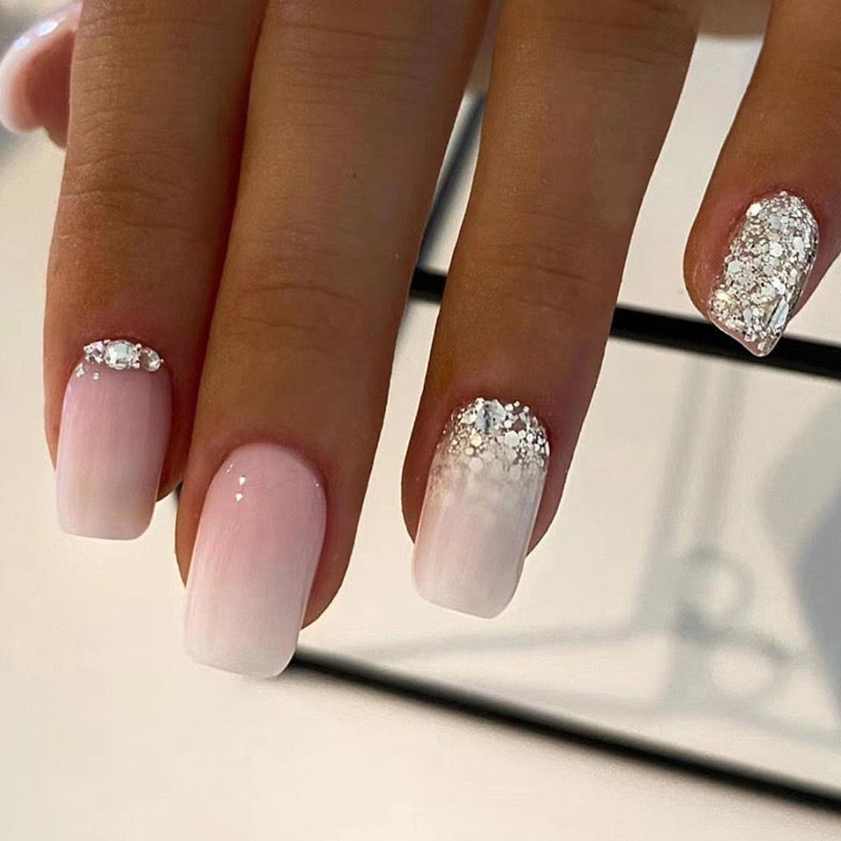 Wedding Guest Hombre Medium Square White Glitter Press On Nails