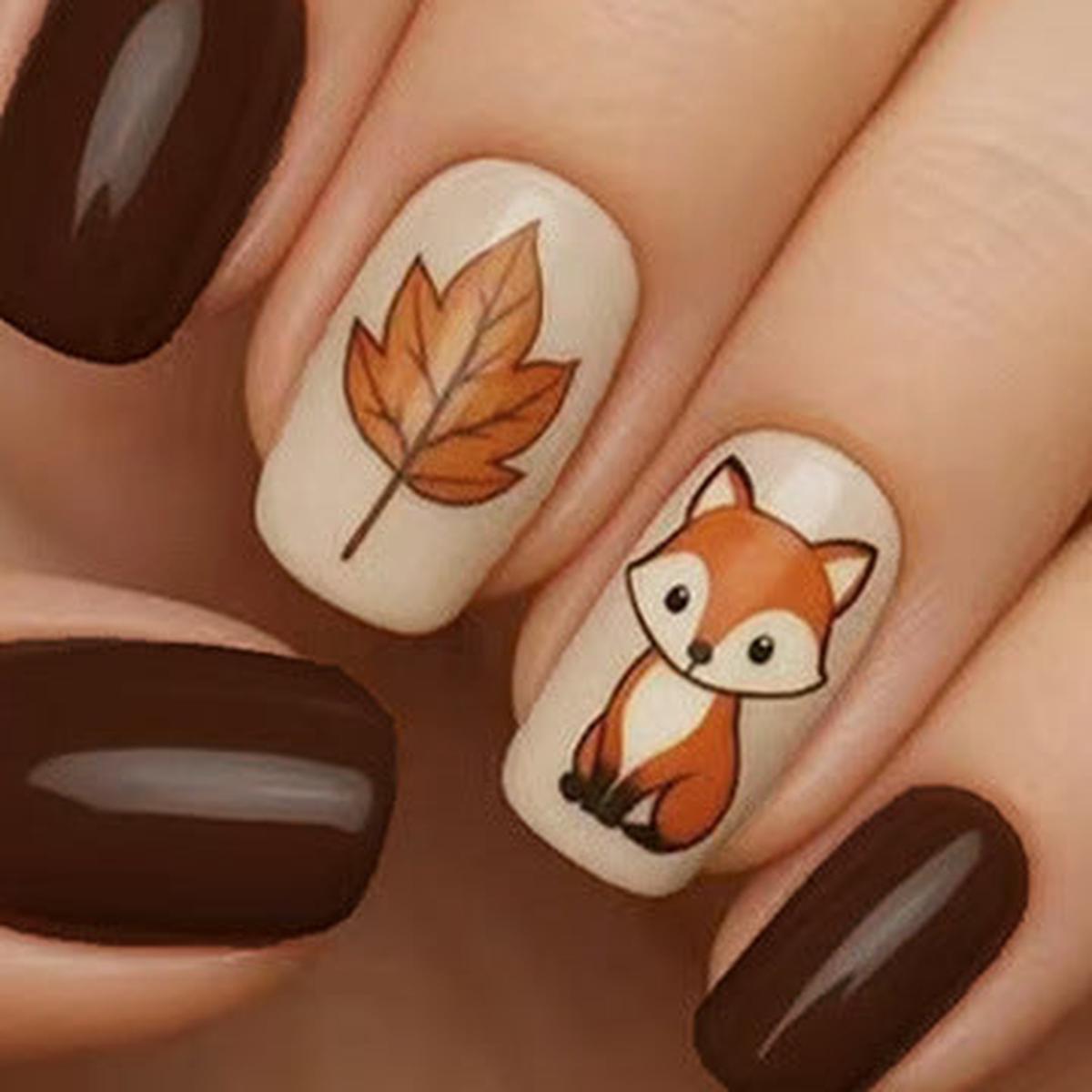 Whimsical Autumn Press On Nail Set Short Square Warm Brown with Charming Fox and Leaf Design
