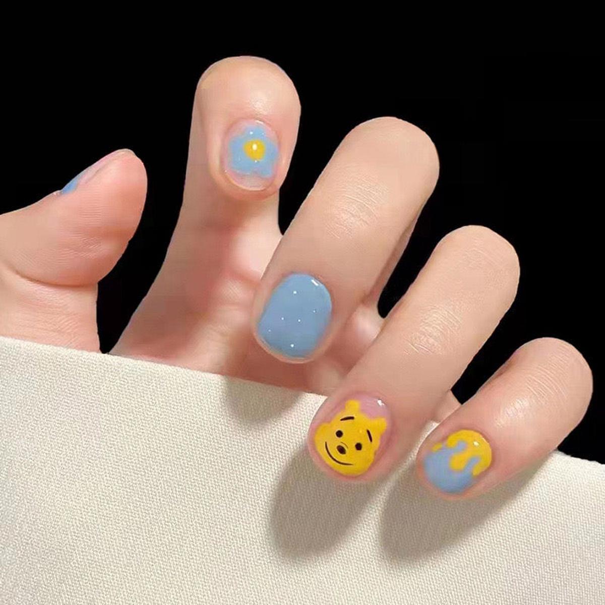 Whimsical Cartoon Play Short Oval Press On Nails In Pastel Tones With Character Accents