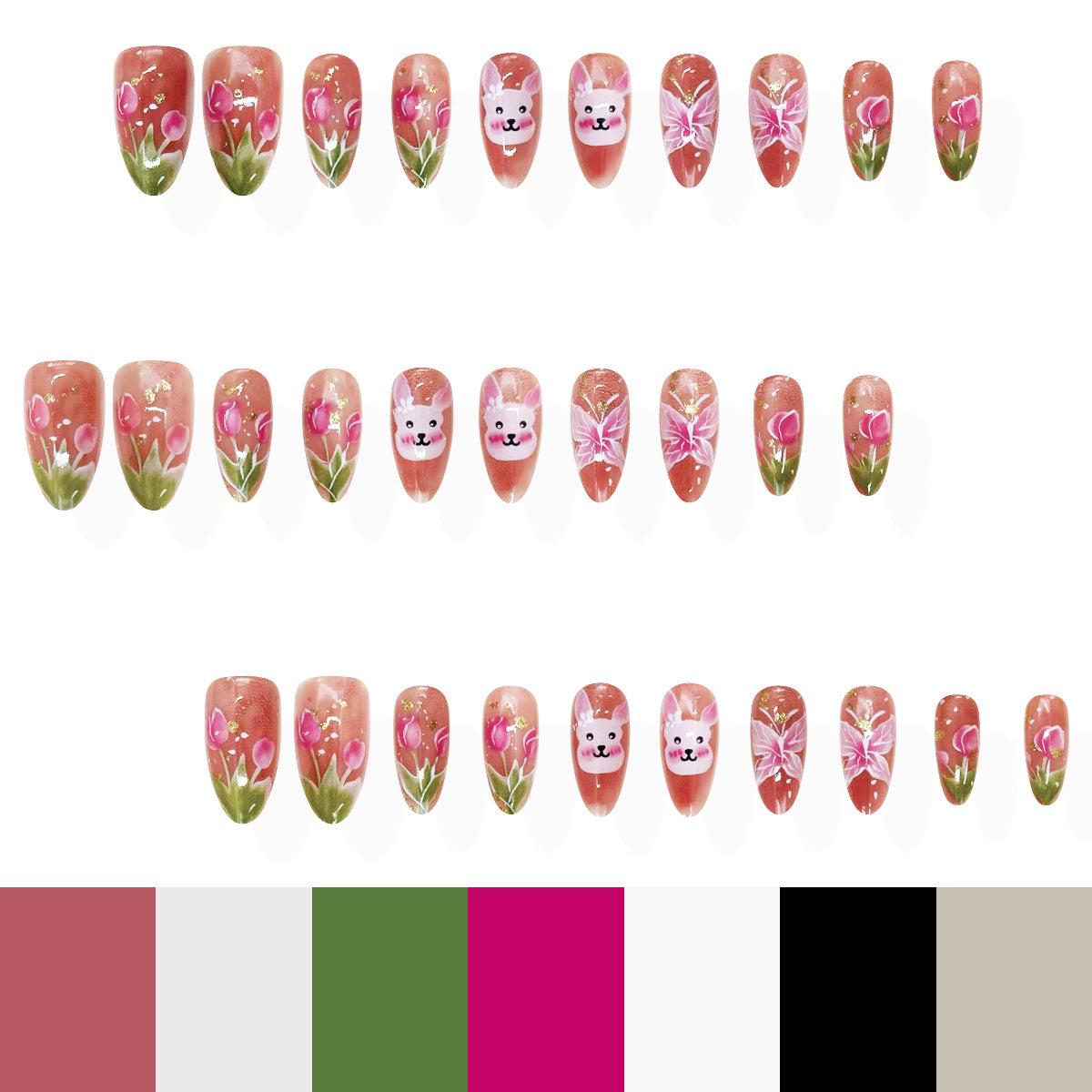 Whimsical Floral Elegance Short Almond Coral with Adorable Pet Print Designs Press On Nail Set