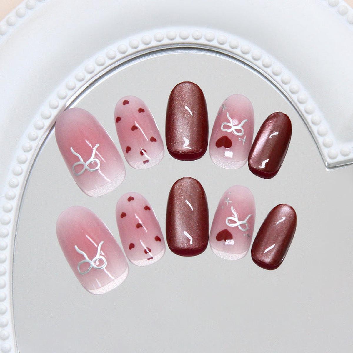 Whimsical Romance Medium Oval Pink and Brown Gradient Nail Set with Heart and Bow Designs