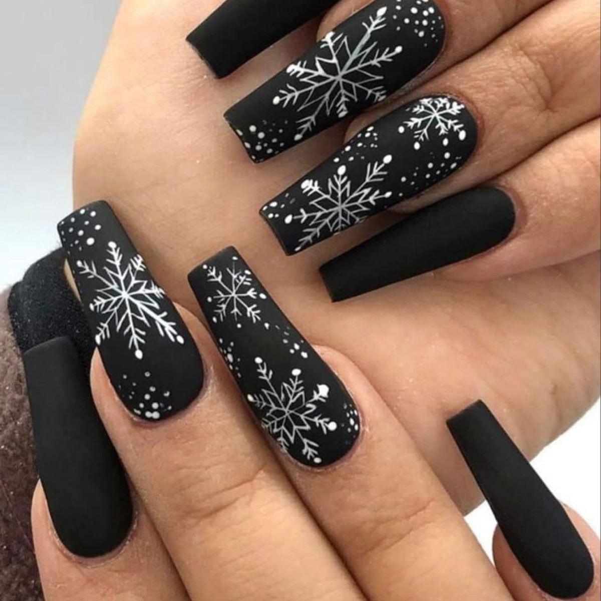Winter Wonderland Elegant Long Square Black Nails with Intricate Snowflake Design