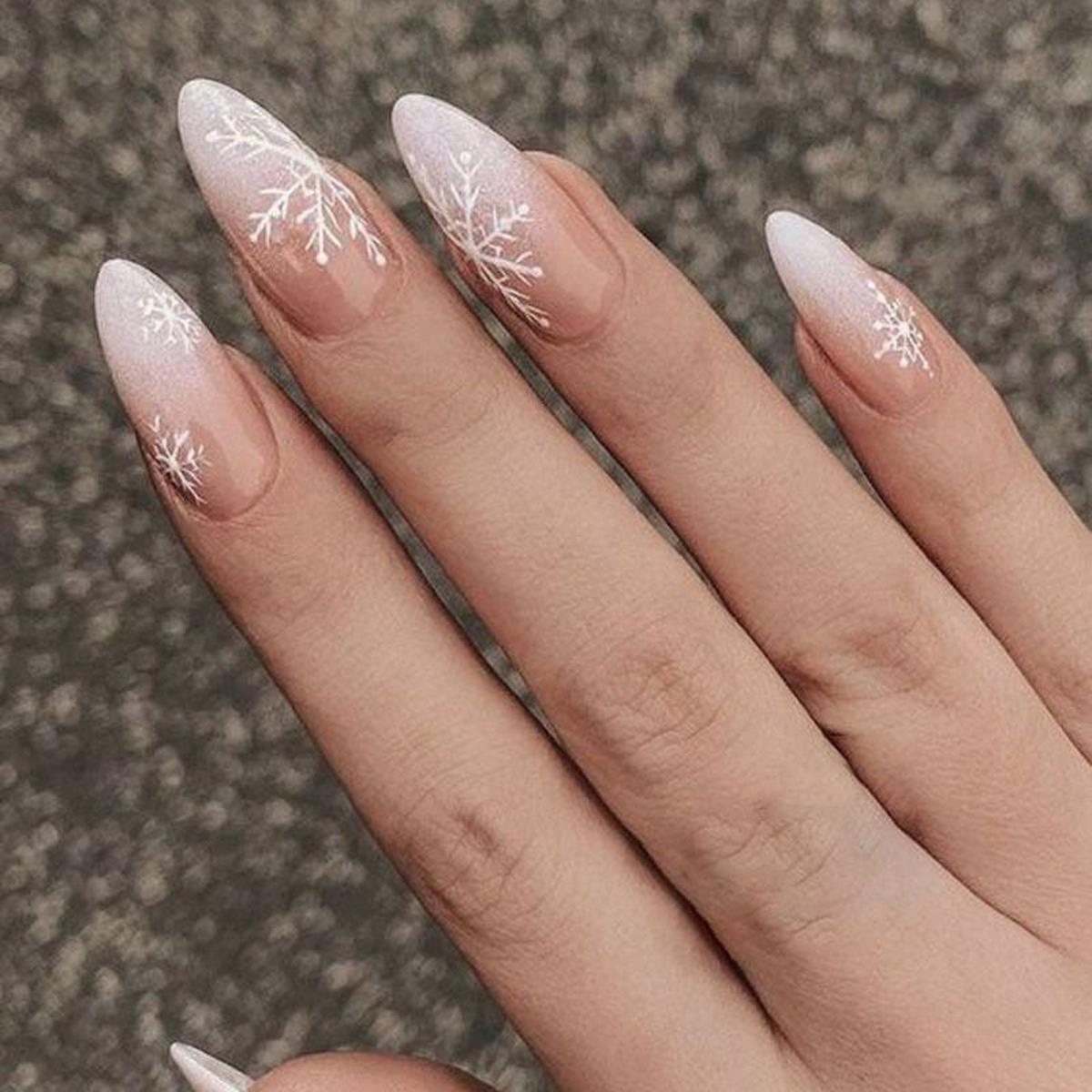 Winter Wonderland Long Almond Beige Press On Nails with Snowflake Accents