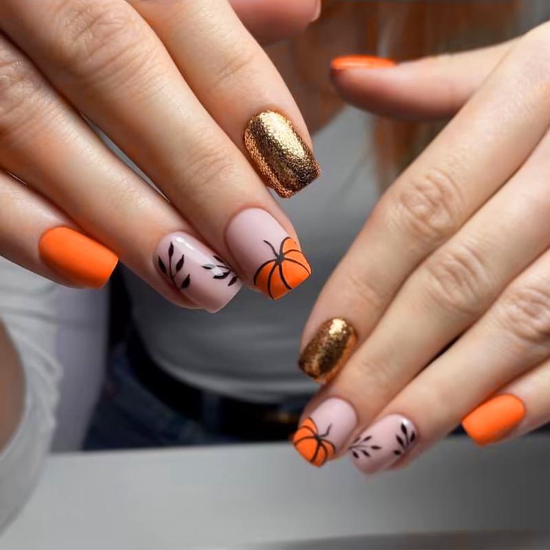 Autumn Vibes Medium Square Orange and Gold Press On Nail Set with Pumpkin and Leaf Designs