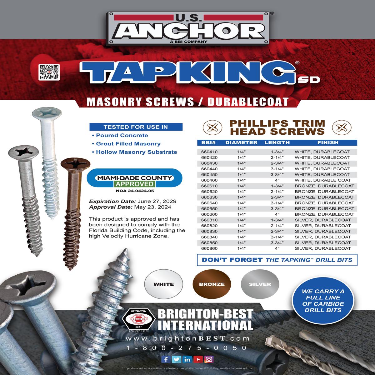 Bulk 1/4" Trim Head Phil White Tapking SD Concrete Screws  DurableCoat  Monster Bolts