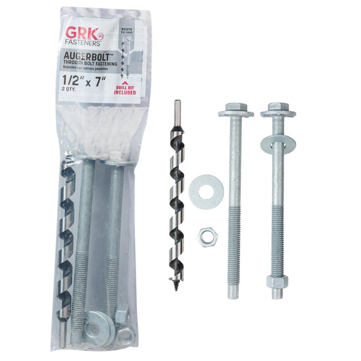 GRK Fasteners AugerBolt Through Bolt Fastening System, 1/2" x 7" Galvanized Heavy-Duty Carriage Bolts, Rust Resistant for Post-to-Beam Connections, 2 Bolts w/ Drill Bit, Hex Nuts, & Washers
