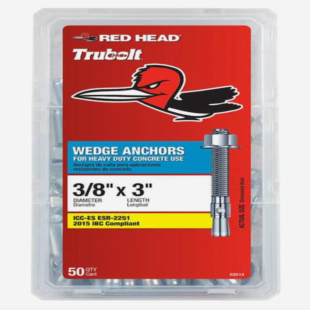 Red Head TruBolt 3/8 x 3 Inch Wedge Heavy-Duty Concrete Anchors, 50 PCS, Versatile Threaded Design for Fastening into Solid Concrete with 360-Degree Contact, Stainless Steel