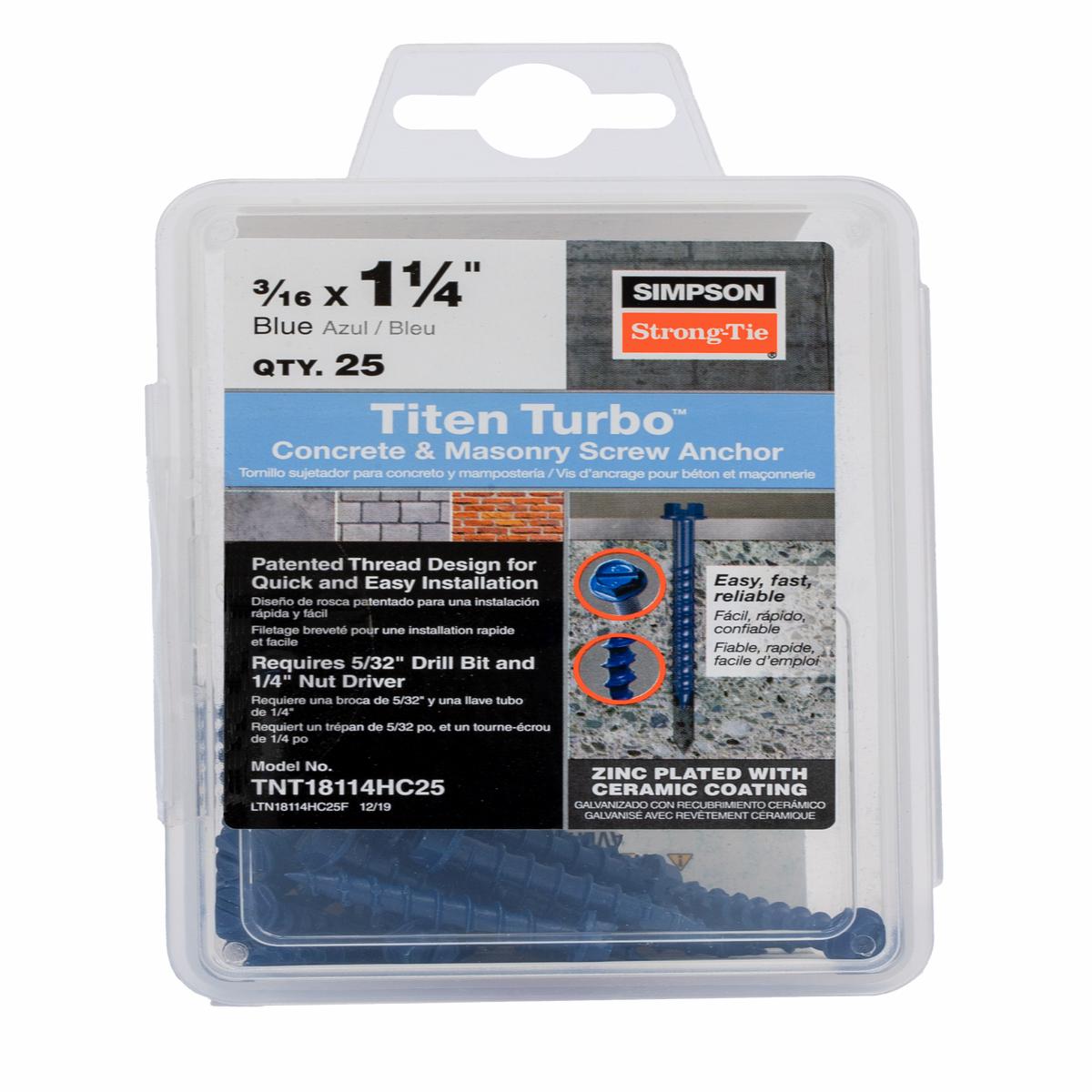 Simpson TNT18114H Titen Turbo 3/16 in. x 1-1/4 in. Hex-Head Concrete and Masonry Screw, Blue