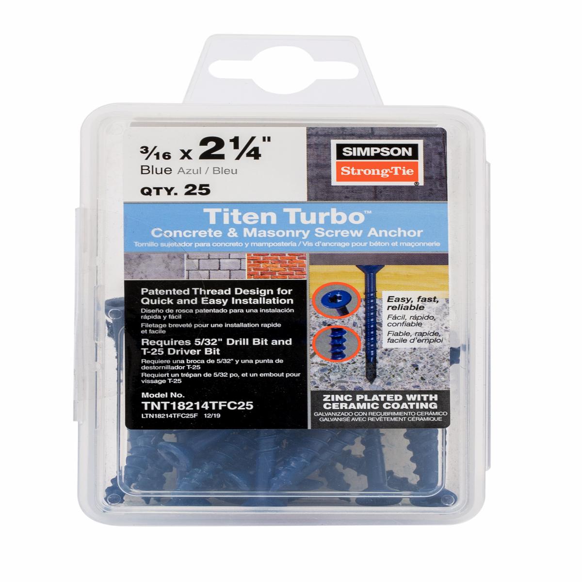 Simpson TNT18214TF Titen Turbo 3/16 in. x 2-1/4 in. 6-Lobe Flat-Head Concrete and Masonry Screw, Blue