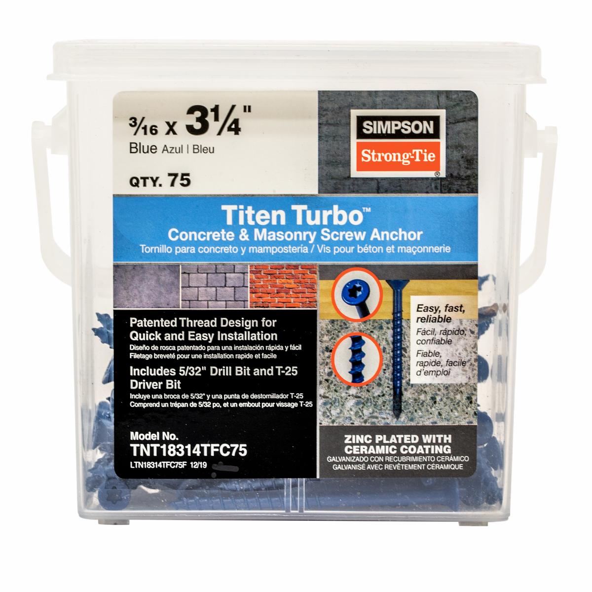 Simpson TNT18314TFC75 Titen Turbo 3/16 in. x 3-1/4 in. 6-Lobe Flat-Head Concrete and Masonry Screw, Blue