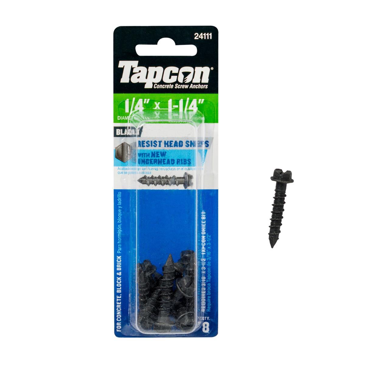 Tapcon 1/4 x 1-1/4 Inch Black Hex Head Concrete Anchors, 8 PCS, Corrosion Resistant Climaseal Coating, Heavy-Duty Concrete and Masonry Screws, Superior Holding Strength, Drill Bit Sold Separ
