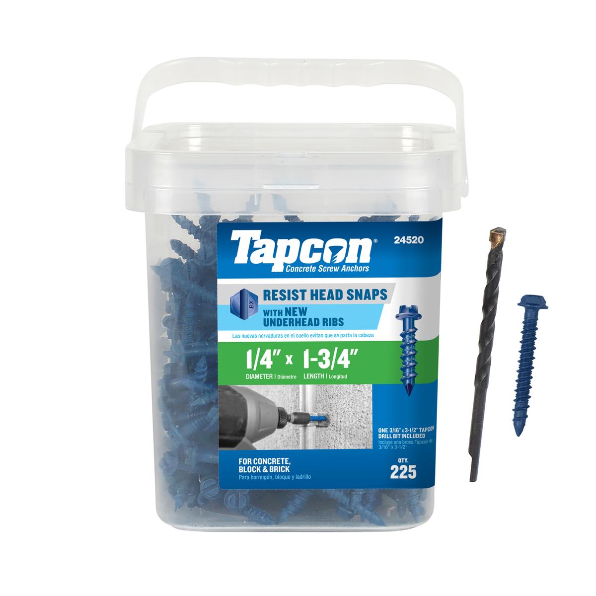 Tapcon 1/4 x 1-3/4 Inch Blue Climaseal Hex Head Concrete Anchors, 225 PCS, Corrosion Resistant Coating, Heavy-Duty Concrete and Masonry Screws, Superior Holding Strength, Drill Bit Included