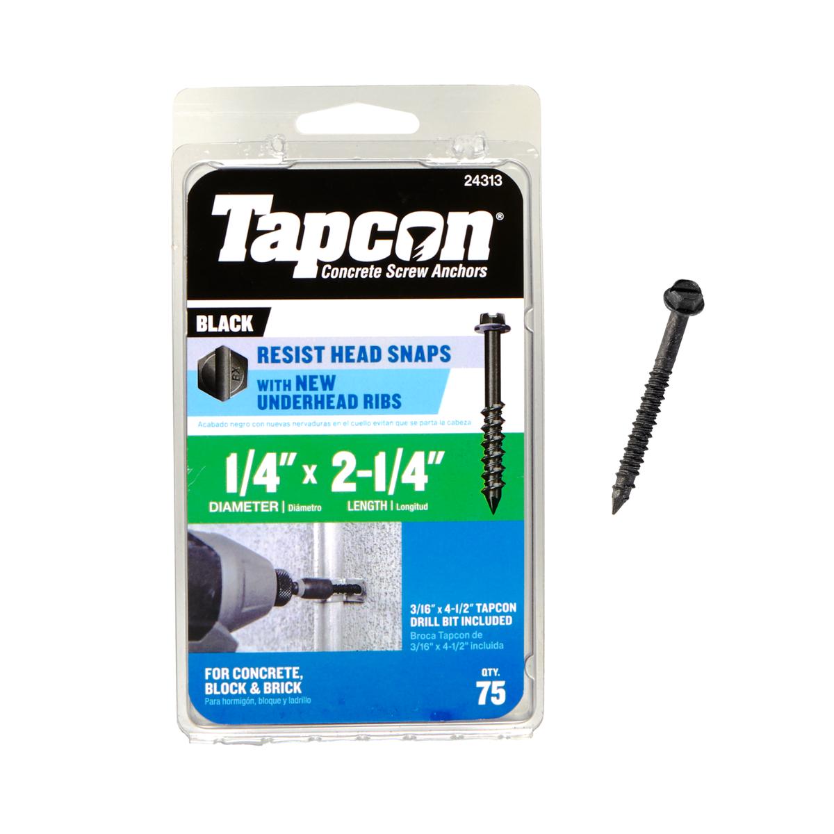 Tapcon 1/4 x 2-1/4 Inch Black Hex Head Concrete Anchors,75 PCS, Corrosion Resistant Climaseal Coating, Heavy-Duty Concrete and Masonry Screws, Superior Holding Strength, Drill Bit Included