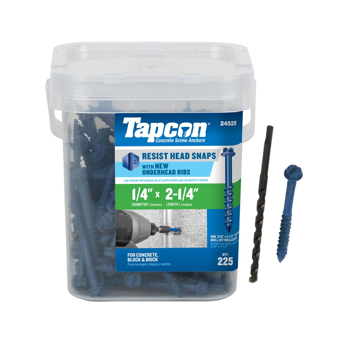 Tapcon 1/4 x 2-1/4 Inch Blue Climaseal Hex Head Concrete Anchors, 225 PCS, Corrosion Resistant Coating, Heavy-Duty Concrete and Masonry Screws, Superior Holding Strength, Drill Bit Included