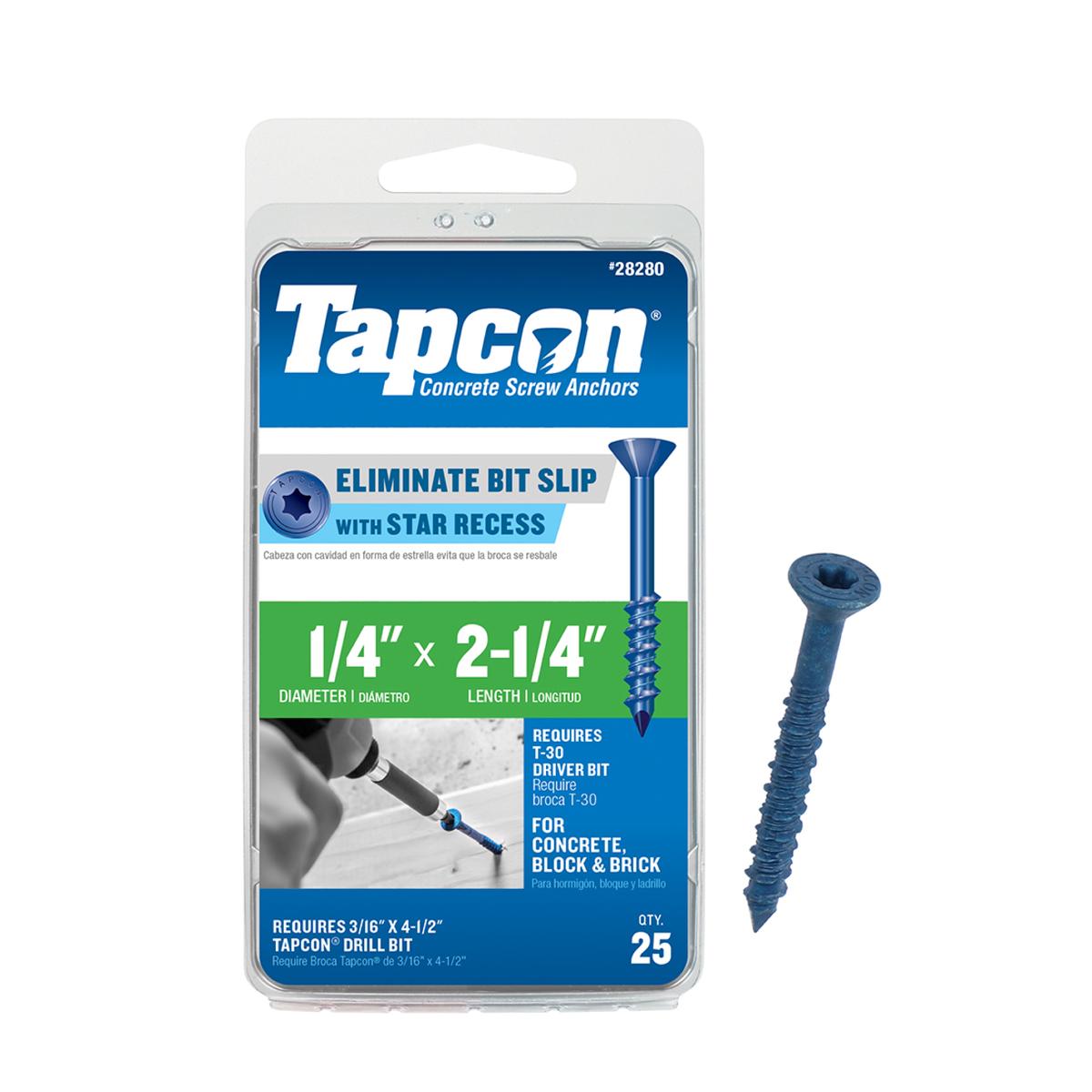 Tapcon 1/4 x 2-1/4 Inch Blue Climaseal Star Head Concrete Anchors, 25 PCS, Corrosion Resistant Coating, Heavy-Duty Concrete and Masonry Screws, Superior Holding Strength, Drill Bit Sold Sepa